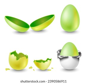 Opened and closed, wrapped and cracked golden egg isolated set. Colorful empty paschal or birthday or surprise eggshell realistic design element vector illustration