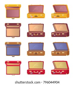 Lot of opened colorful cases vector illustration of eight bag patterns with red brown and yellow carcass, lot of handles isolated on bright background