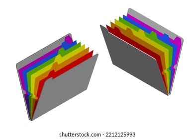 Opened colorful file folder. 3d Vector illustration. Isometric projection.