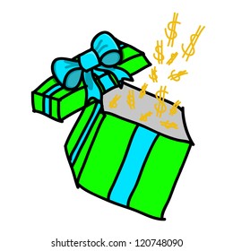 Opened colorful gift box with dollar on white background
