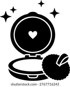 Opened compact for makeup powder featuring heart design, soft puff, and shining stars. Beauty tool for applying cosmetics.