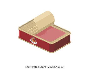 Opened corned beef square can in isometric view. Simple flat illustration.