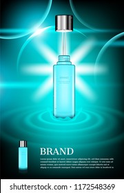 Opened cosmetic bottle with concentric water surface on green background with shining lights