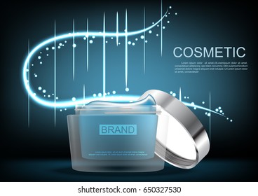 Opened cosmetic cream with blue abstract light on dark bsckground vector cosmetic ads