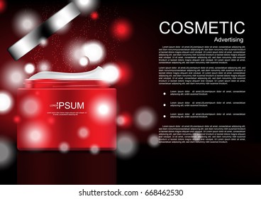 Opened cosmetic cream with glowing bubble lights vector cosmetic template