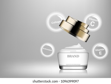 Opened cosmetic cream with ingredient icons