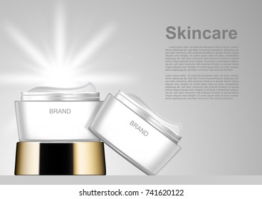Opened cosmetic cream jar with glowing light effect