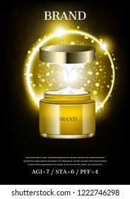 Opened cosmetic cream with small shining light balls on gold circle background