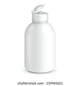 Opened Cosmetic Or Hygiene Grayscale White Plastic Bottle Of Gel, Liquid Soap, Lotion, Cream, Shampoo. Ready For Your Design. Illustration Isolated On White Background. Vector EPS10