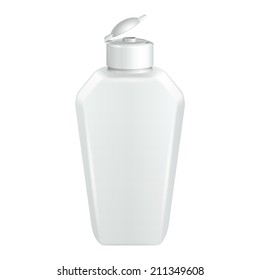 Opened Cosmetic Or Hygiene Grayscale White Plastic Bottle Of Gel, Liquid Soap, Lotion, Cream, Shampoo. Ready For Your Design. Illustration Isolated On White Background. Vector EPS10 