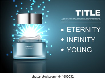 opened cosmetic jar with metallic lid and shining light on dark green background