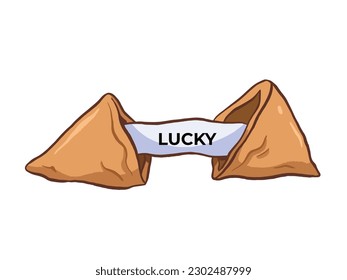 Opened or cracked fortune cookie with lucky text on the paper vector illustration isolated on horizontal white background. Simple and flat art styled outlined drawing.