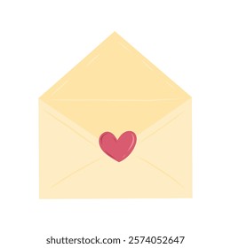 Opened craft paper envelope with red hearts inside isolated on white background. Hand drawn vector illustration in flat style. Love letter icon, message, Valentines Day greeting card