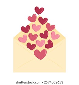 Opened craft paper envelope with red hearts inside isolated on white background. Hand drawn vector illustration in flat style. Love letter icon, message, Valentines Day greeting card