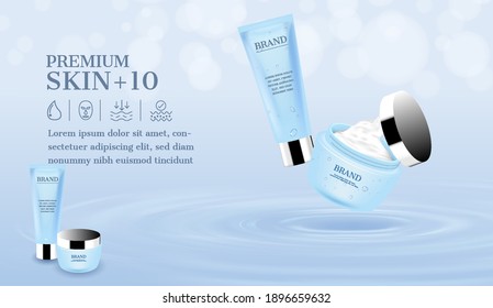 Crema abierta y espuma facial flotando en la superficie del agua