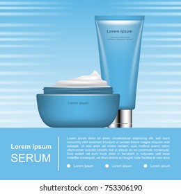 Opened cream and foam with horizontal speed lines on blue background