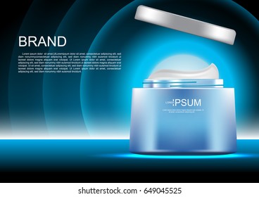 Opened cream on dark blue background with radiant lights and template vector cosmetic ads