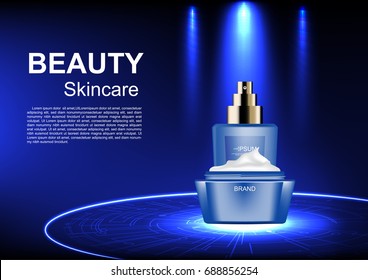 Opened cream and serum with spotlight on blue background vector cosmetic ads