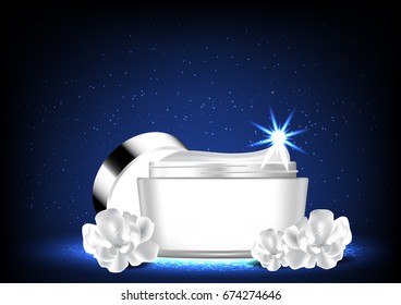 Opened cream with white flowers and shining light on starry night baclground vector white cosmetic collection