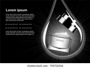 Opened cream wirh water drop and shining light on black background