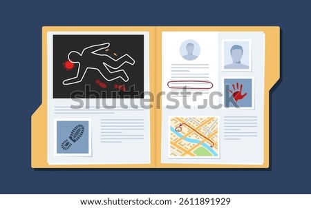 Opened crime investigation file folder. Evidence file folder. Crime scene photo, suspect silhouettes, fingerprints, other evidences. Police report, criminal case.