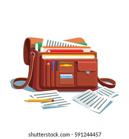 Opened cross body bag or briefcase full of documents and stationeries. Papers, pens and pencils. Flat style modern vector illustration isolated on white background. 