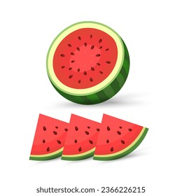 Geöffnete Wassermelone, Clipkunst, Vektorgrafik, Cartoon frische grüne Wassermelonen Stücke, drei Stück rote Wassermelone auf isoliertem Hintergrund. Vektorgrafik, Illustration