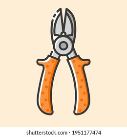 Opened cut wire cutters color icon. Vector outline flat icon on yellow background. Hand construction tool for renovation work.