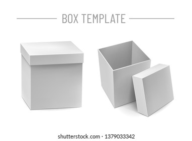 Opened delivery cardboard box mockup with shadow. Closed blank packaging box with cap isolated on white background vector illustration. Realistic empty white pasteboard container for goods shipping.