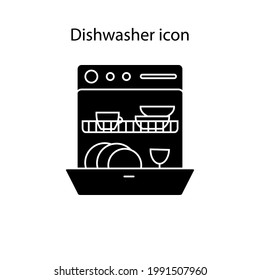 Opened Dishwasher with dishes glyph icon. Domestic machine. Black contour symbol. Isolated vector stock illustration