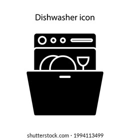 Opened Dishwasher with dishes glyph icon. Domestic machine. Black symbol. Isolated vector stock illustration