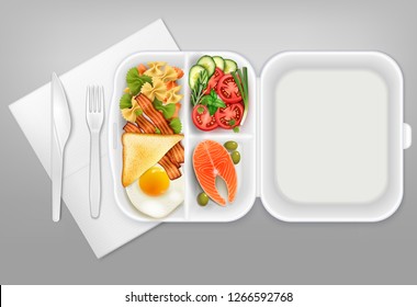 Opened disposable lunchbox with salmon salad bacon egg knife fork white plastic tableware realistic composition vector illustration