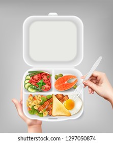 Opened disposable plastic lunchbox with salmon salad bacon egg and hand holding fork realistic composition vector illustration