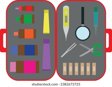 Opened doctor's suitcase with medicines. First aid kit. Vector cartoon illustration.