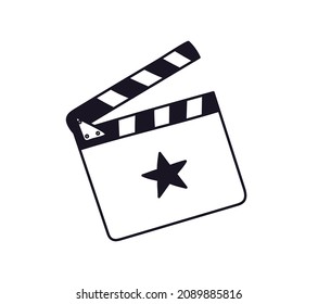 Opened doodle clapperboard with a star. Hand-drawn clapper film production. Black on white vector illustration of an outline clapperboard for shooting a movie isolated on a white background.