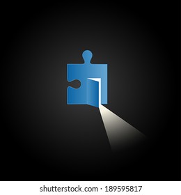 Opened Door With Bright Light . Creative illustration of puzzle
