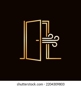 Opened Door colorful line icon. Vector Room Airing concept outline golden sign or logo element on dark background