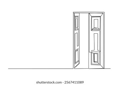 Opened door in continuous one line drawing. Single line art draw of open doors. Editable vector.