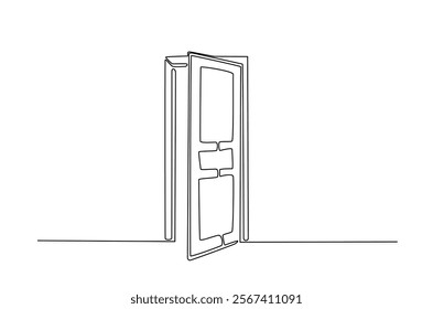 Opened door in continuous one line drawing. Single line art draw of open doors. Editable vector.