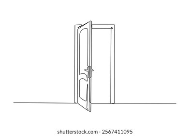 Opened door in continuous one line drawing. Single line art draw of open doors. Editable vector.