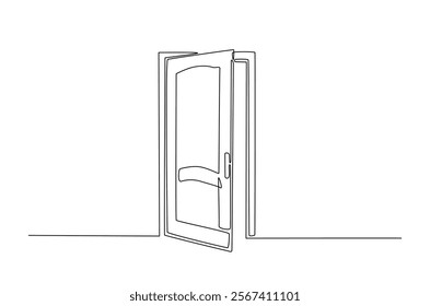 Opened door in continuous one line drawing. Single line art draw of open doors. Editable vector.