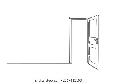 Opened door in continuous one line drawing. Single line art draw of open doors. Editable vector.