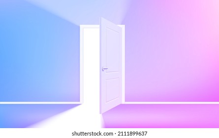 Opened door in corridor with vivid light. Realistic 3d style vector illustration 