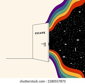 Opened door with escape sign with coming out abstract cosmos space surrounded rainbow from the doorway. Vector illustration 