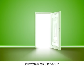 Opened door in the green wall. Vector