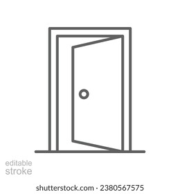 Icono de puerta abierta. Estilo de contorno simple. Puerta, abierta, entrada, salida, entrada, casa, casa concepto interior. Símbolo de línea delgada. Ilustración vectorial aislada. Trazo editable.