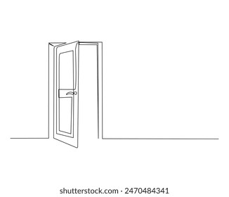 Opened door illustration. Continuous one line drawing of open doors. Editable stroke.