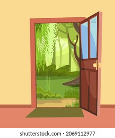 Geöffnete Tür. Von innen des Zimmers zu Hause. Sommerlicher schöner Landschaftsblick. Gelbe Wand. Weg ist offen. Cartoon süße Märchen-Design. Bildhintergrund. Vektorgrafik.