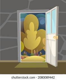 Puerta abierta. Desde dentro de la habitación en casa. Vista del paisaje otoñal. Muro de piedra. El camino está abierto. Estilo de caricatura. Vector.