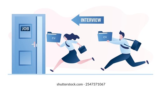 Abri a porta na sala do armário de entrevistas. Empresários correndo. Entrada na sala de entrevista, candidatos a emprego com currículo. Agência de contratação. Personagens masculinos e femininos em estilo moderno. Ilustração vetorial